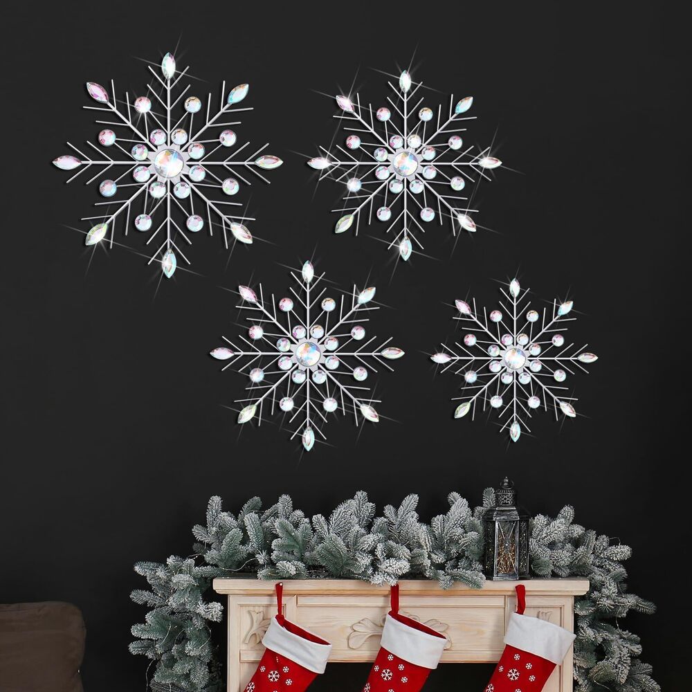 5577 4 Pcs 12" 10" 8" Snowflake Metal Wall Art Rhinestones 3D Decor